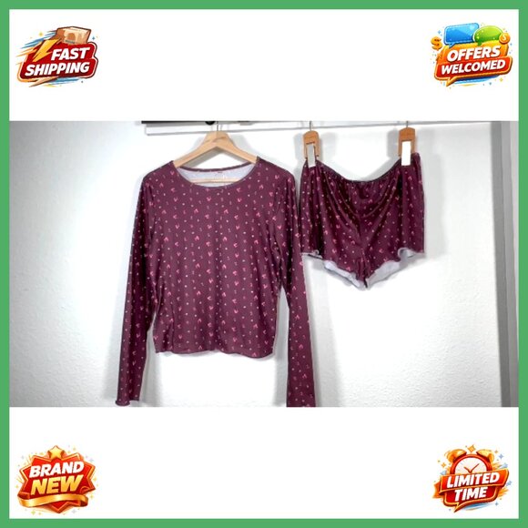 Women's 2-Piece Pajama Set Long Sleeve Crop Top Shorts Soft Polyester Spandex - Picture 4 of 5